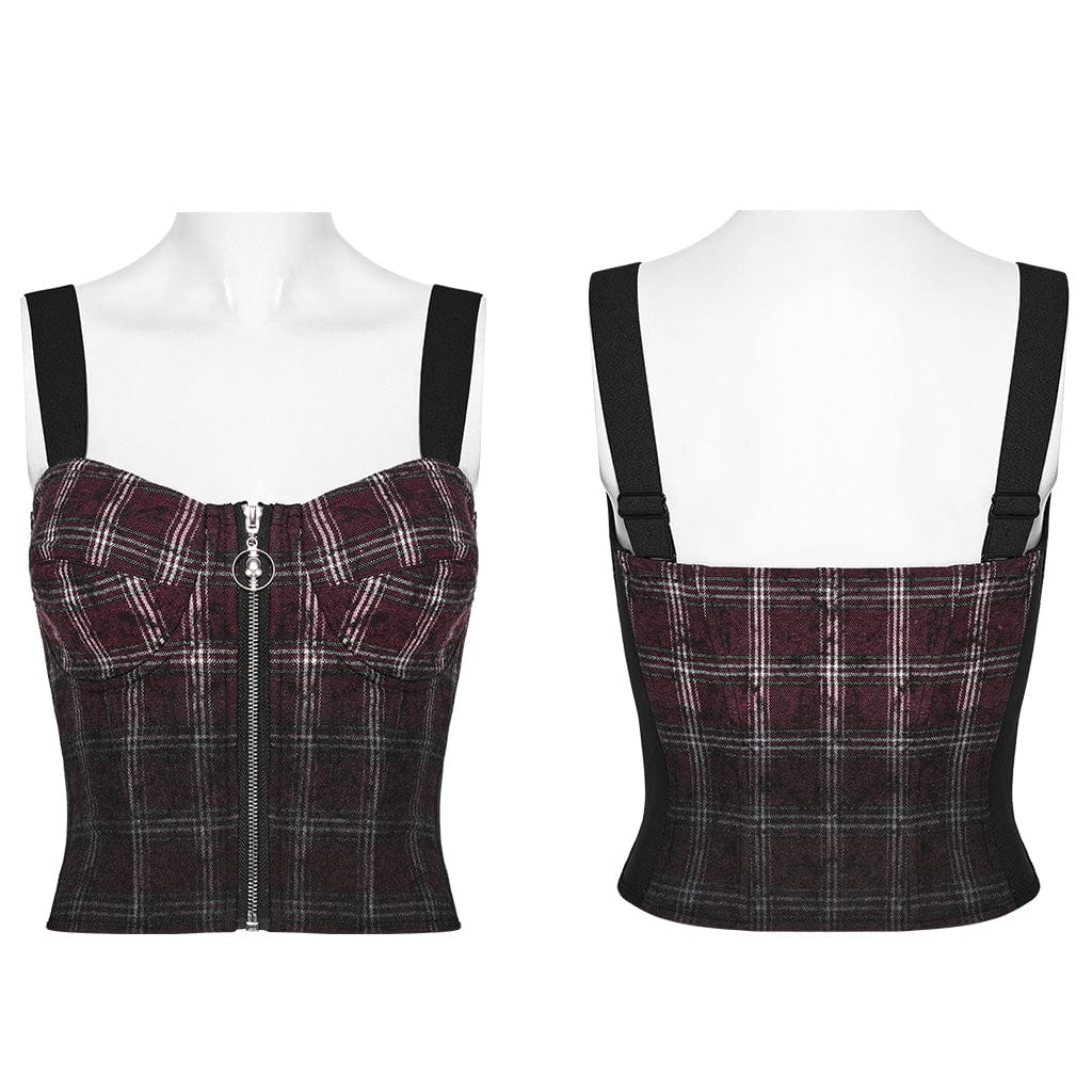 PUNK RAVE Women's Punk Zipper Gradient Plaid Vest