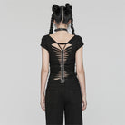 PUNK RAVE Women's Skull Bone Printed Hollow Out T Shirt Black