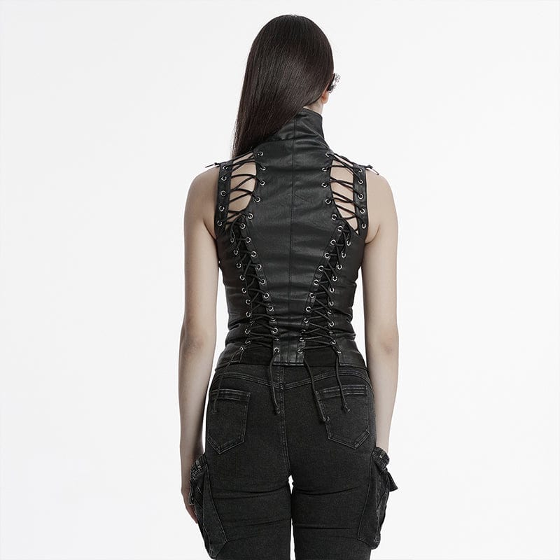 PUNK RAVE Women's Steampunk Domineering High Collar Rivets Lace Up Corsets