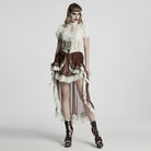 PUNK RAVE Women's Steampunk Lace Hem Drawstring Skirt Coffee