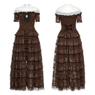 PUNK RAVE Women's Steampunk Off-the-shoulder Layered Gown Dress Coffee
