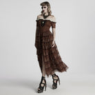 PUNK RAVE Women's Steampunk Off-the-shoulder Layered Gown Dress Coffee