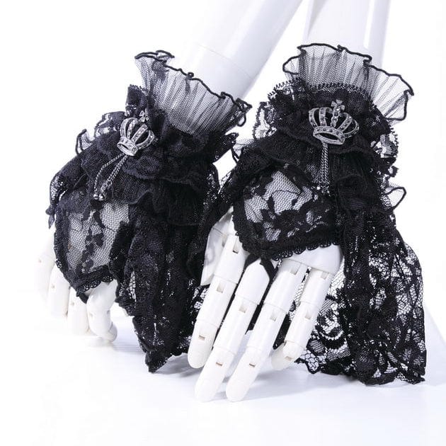 RNG Women's Gothic Crown Half-finger Ruffled Lace Gloves Black
