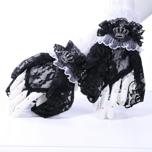 RNG Women's Gothic Crown Half-finger Ruffled Lace Gloves White