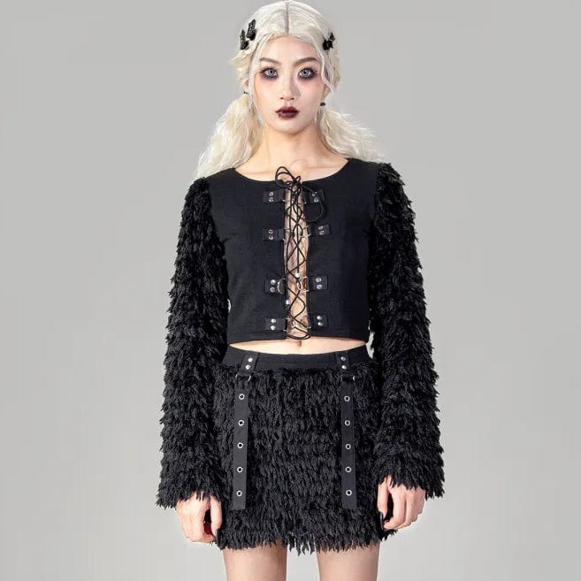 RNG Women's Gothic Faux Fur Splice Lace-up Crop Top