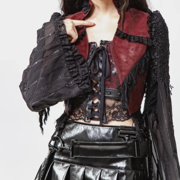 RNG Women's Gothic Flared Sleeved Distressed Faux Leather Jacket Red