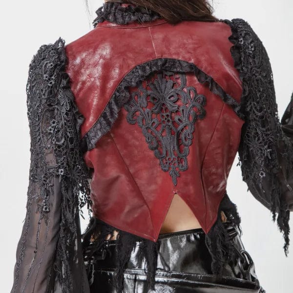 RNG Women's Gothic Flared Sleeved Distressed Faux Leather Jacket Red
