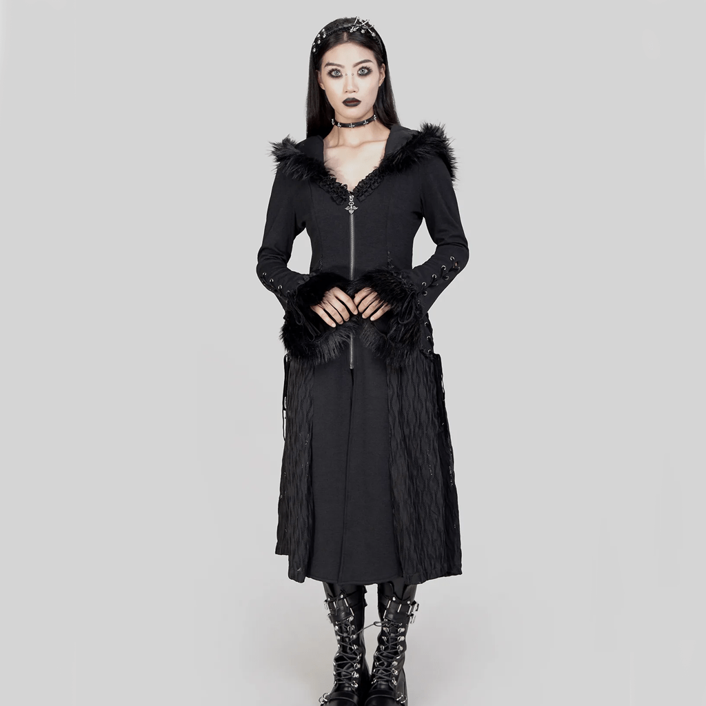 RNG Women's Gothic Flared Sleeved Faux Fur Splice Coat with Hood