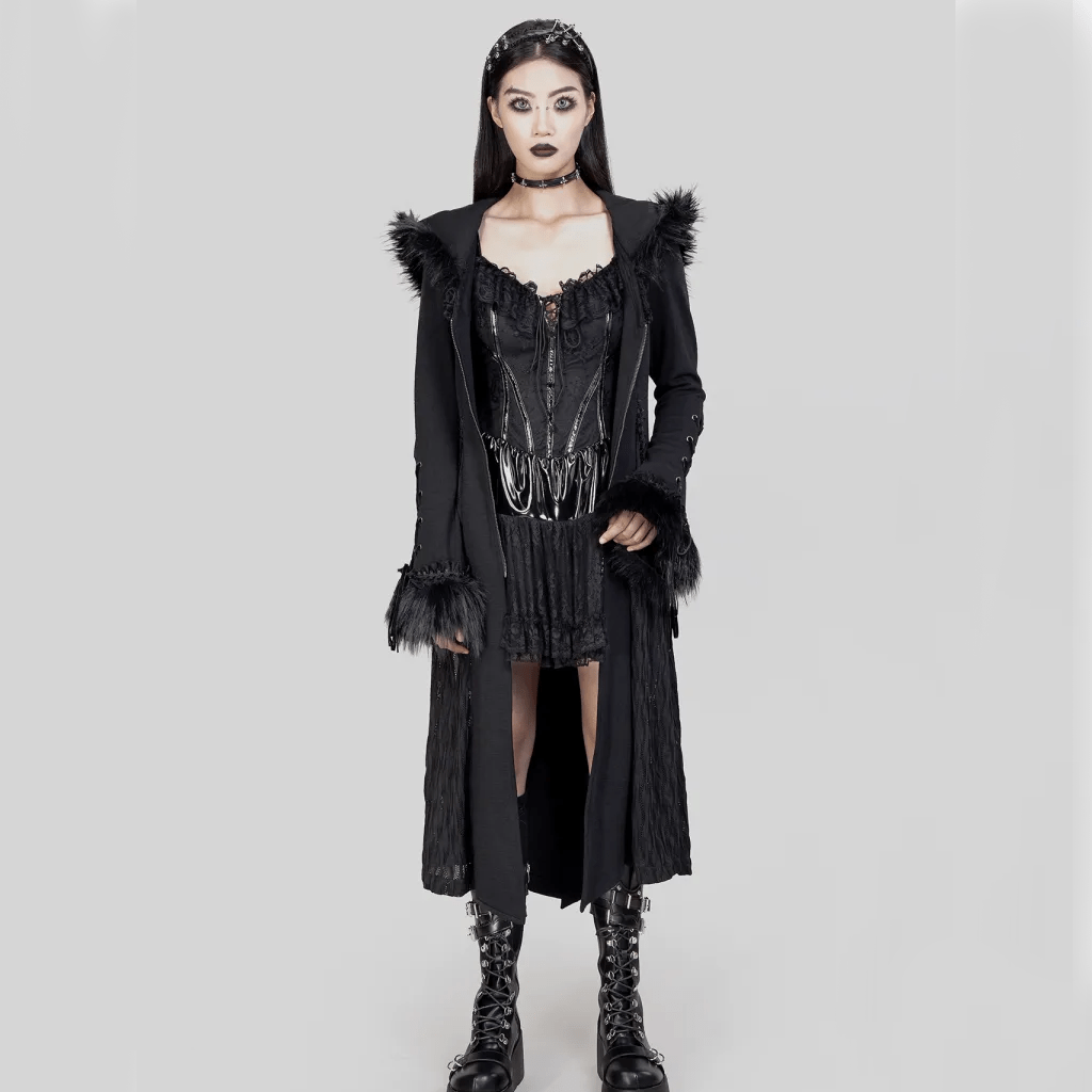 RNG Women's Gothic Flared Sleeved Faux Fur Splice Coat with Hood