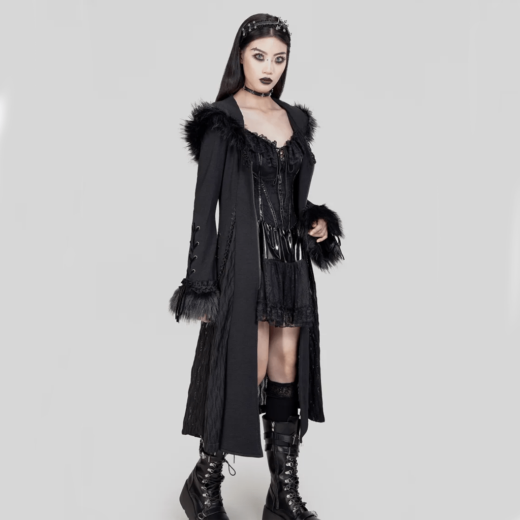 RNG Women's Gothic Flared Sleeved Faux Fur Splice Coat with Hood