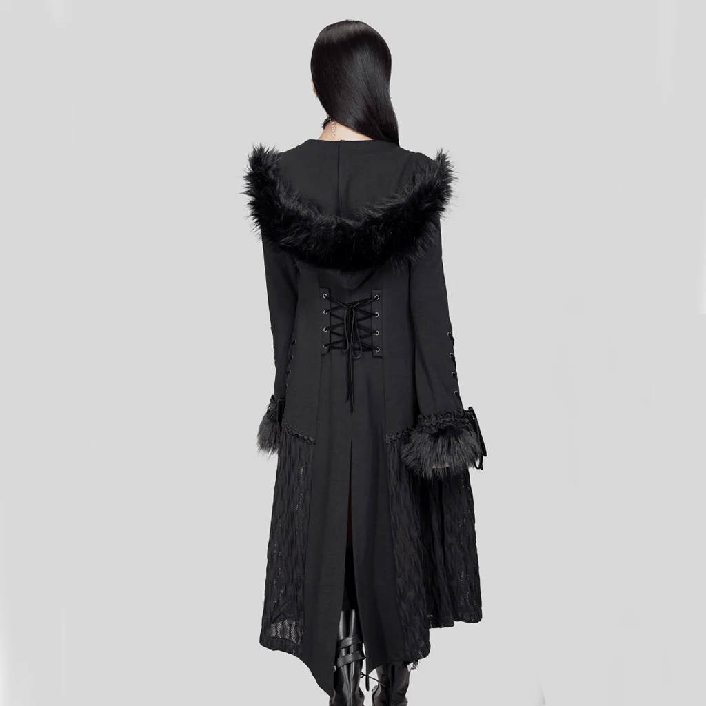 RNG Women's Gothic Flared Sleeved Faux Fur Splice Coat with Hood