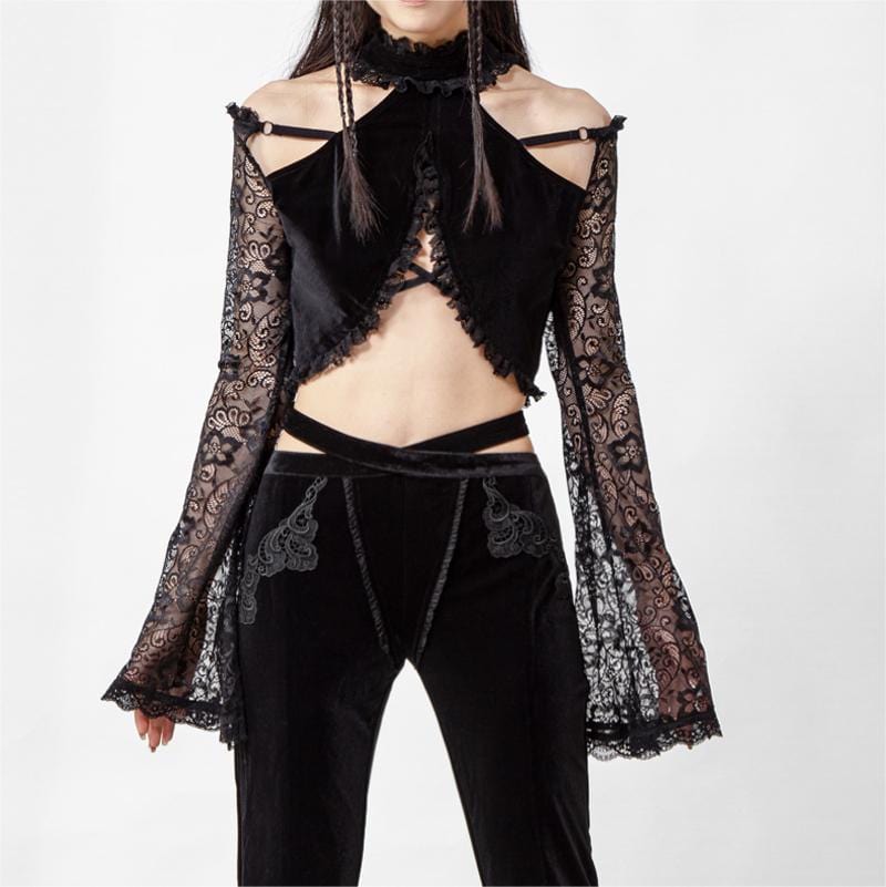 RNG Women's Gothic Halterneck  Lace Long Sleeved Crop Top
