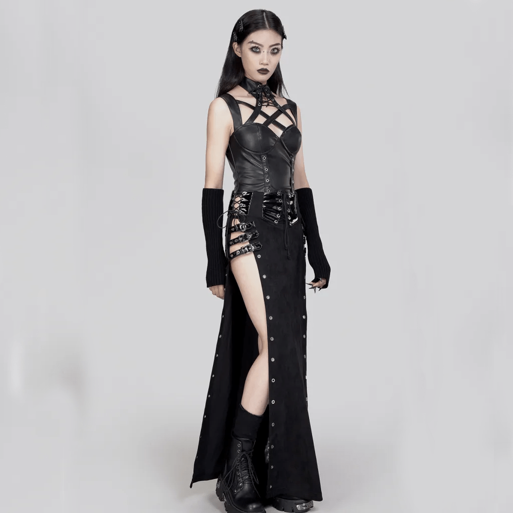 RNG Women's Gothic Lace-up Buckles Side Slit Skirt