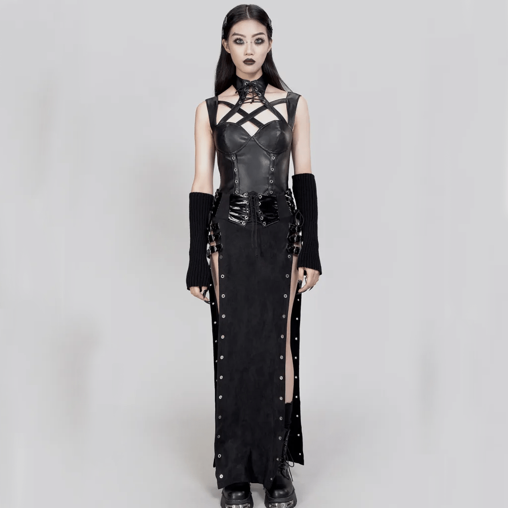 RNG Women's Gothic Lace-up Buckles Side Slit Skirt