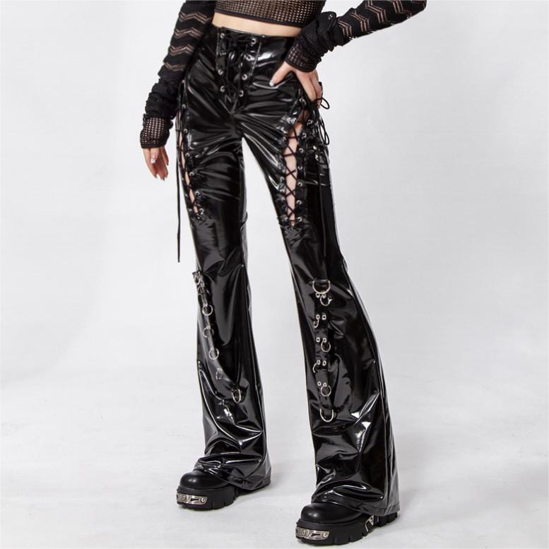 Women Faux Leather Flared Pants High Waist Bell Bottoms Trousers Punk  Gothic