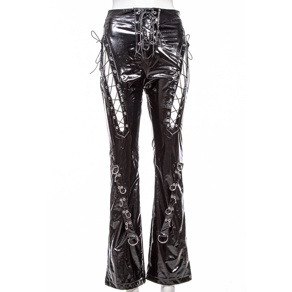 Women's Gothic Lacing-up Flared Faux Leather Pants – Punk Design