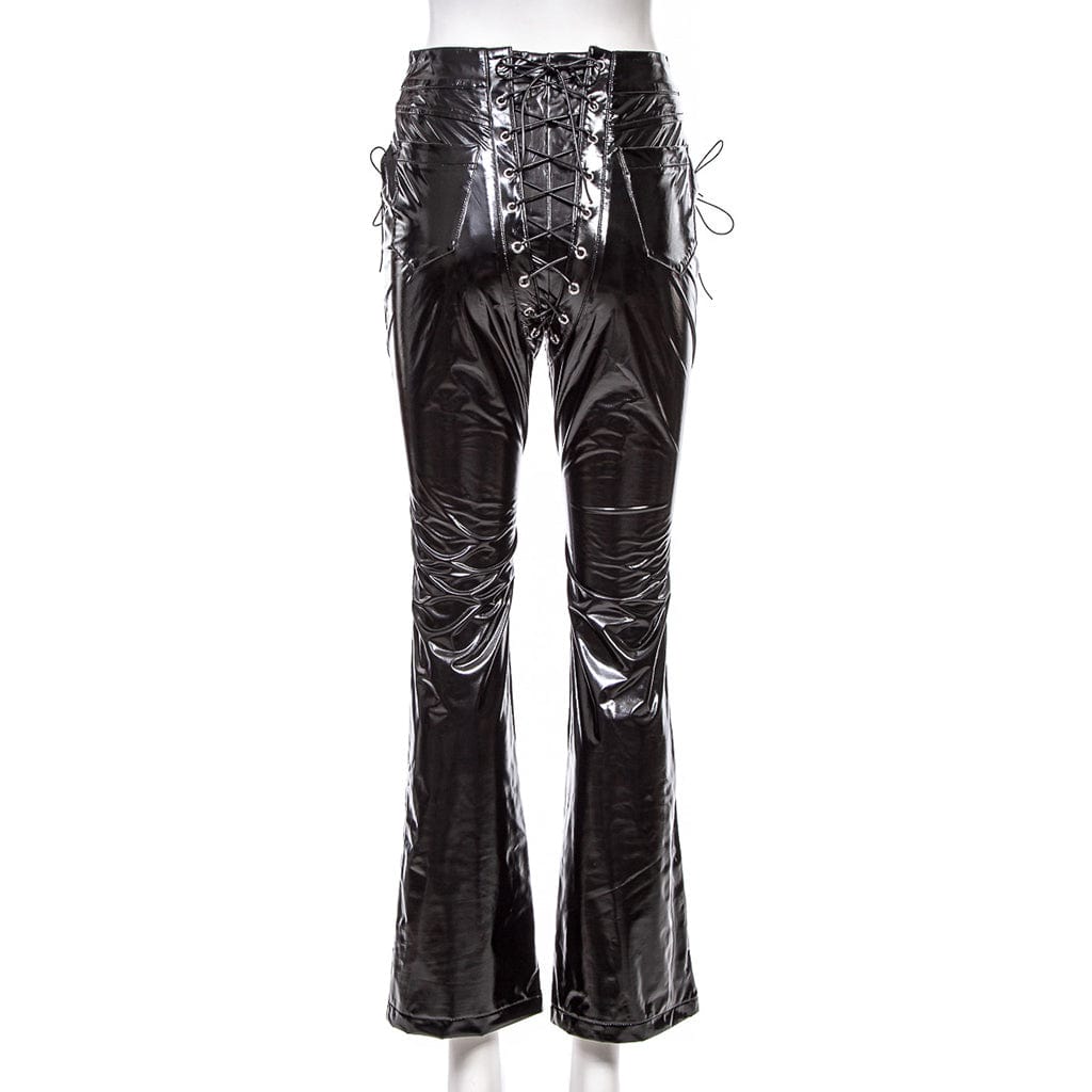 RNG Women's Gothic Lacing-up Flared Faux Leather Pants
