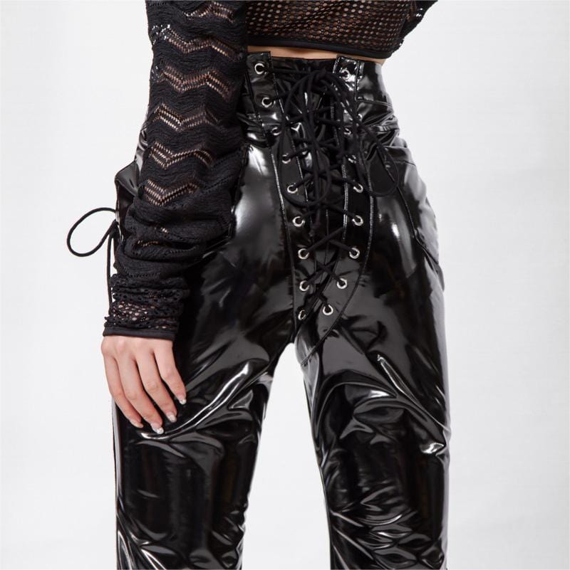 Women's Gothic Lacing-up Flared Faux Leather Pants – Punk Design