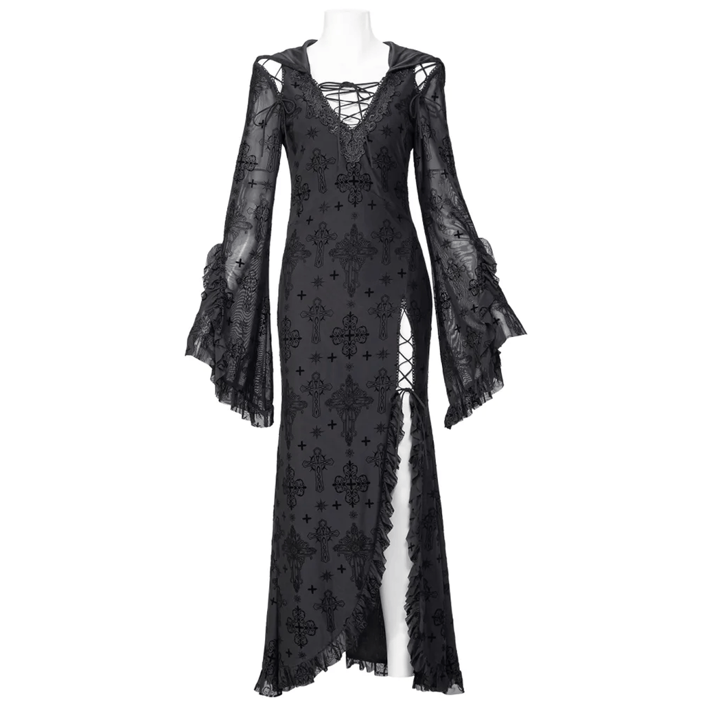 RNG Women's Gothic Plunging Flared Sleeved Split Dress with Hood