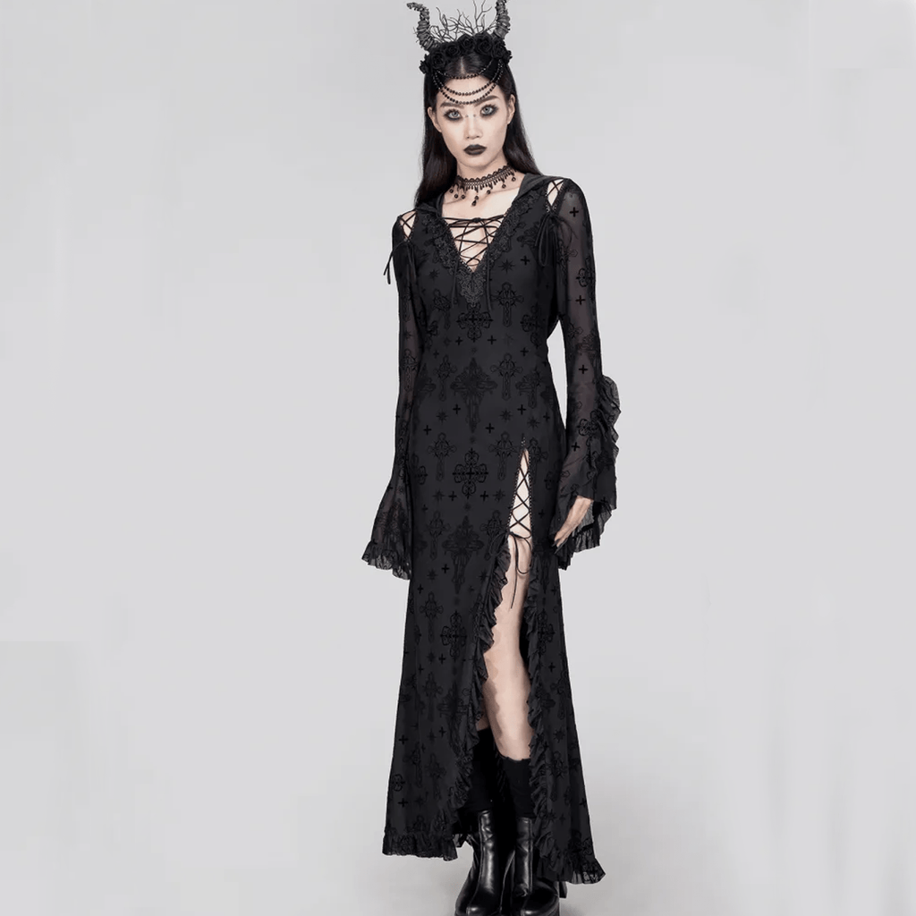 RNG Women's Gothic Plunging Flared Sleeved Split Dress with Hood