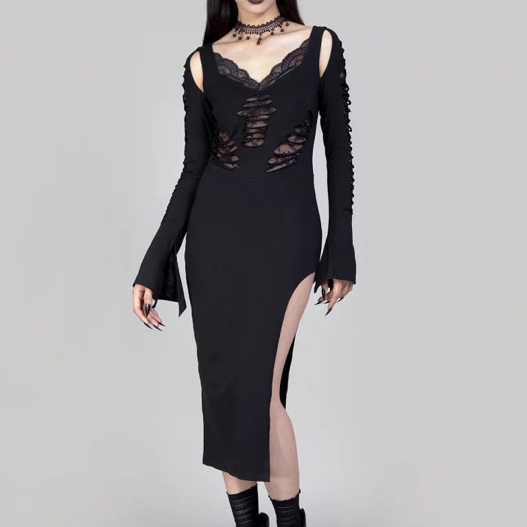 RNG Women's Gothic Ripped Lace Splice Split Dress