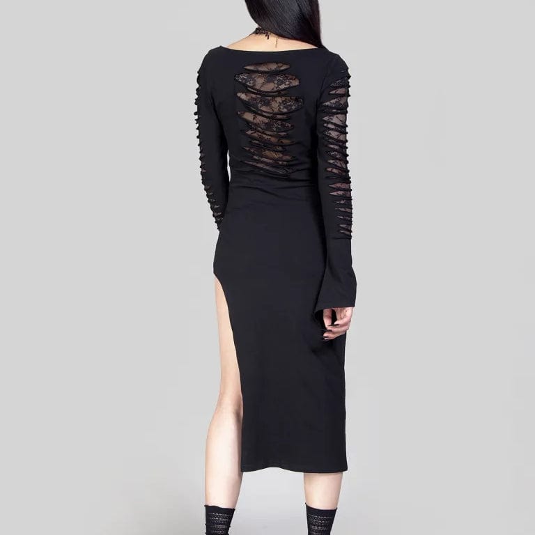 RNG Women's Gothic Ripped Lace Splice Split Dress