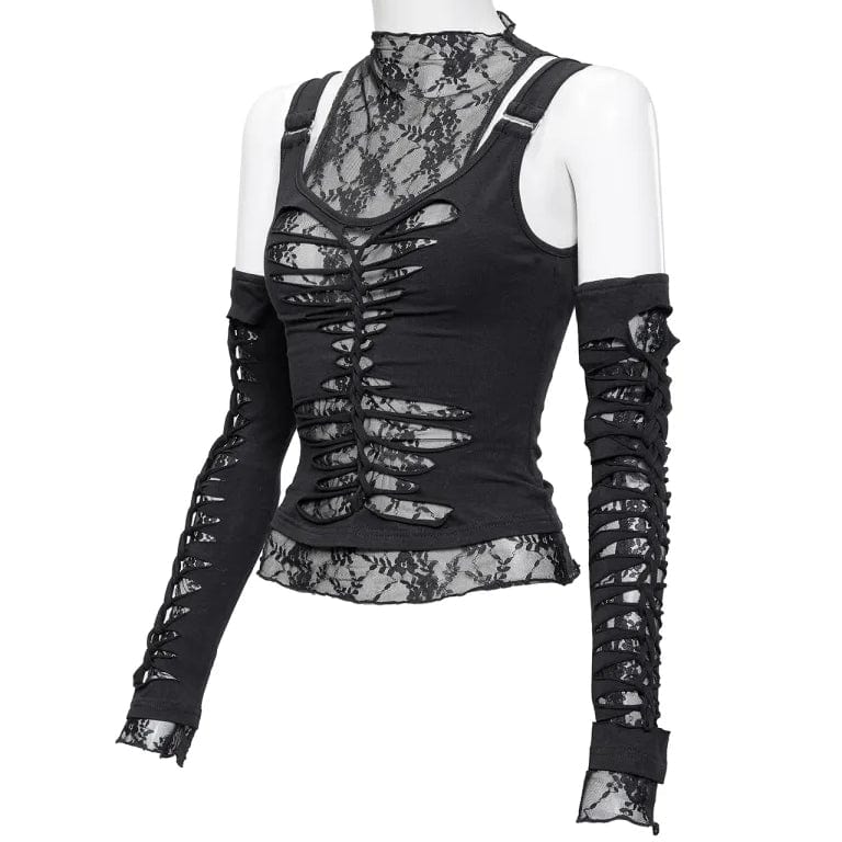 RNG Women's Gothic Rippes Mesh Splice Tank Top with Oversleeves