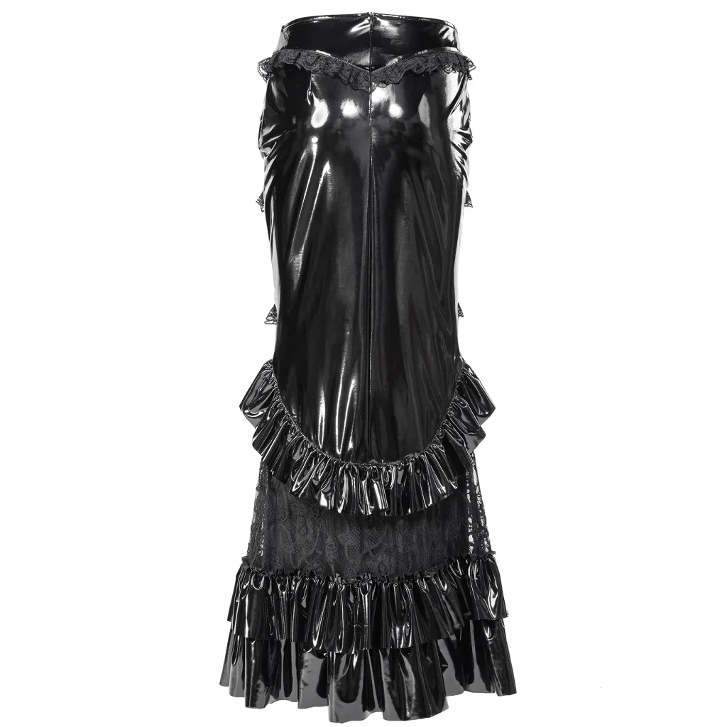 RNG Women's Gothic Ruffled Lace Splice Patent Leather Fishtail Skirt