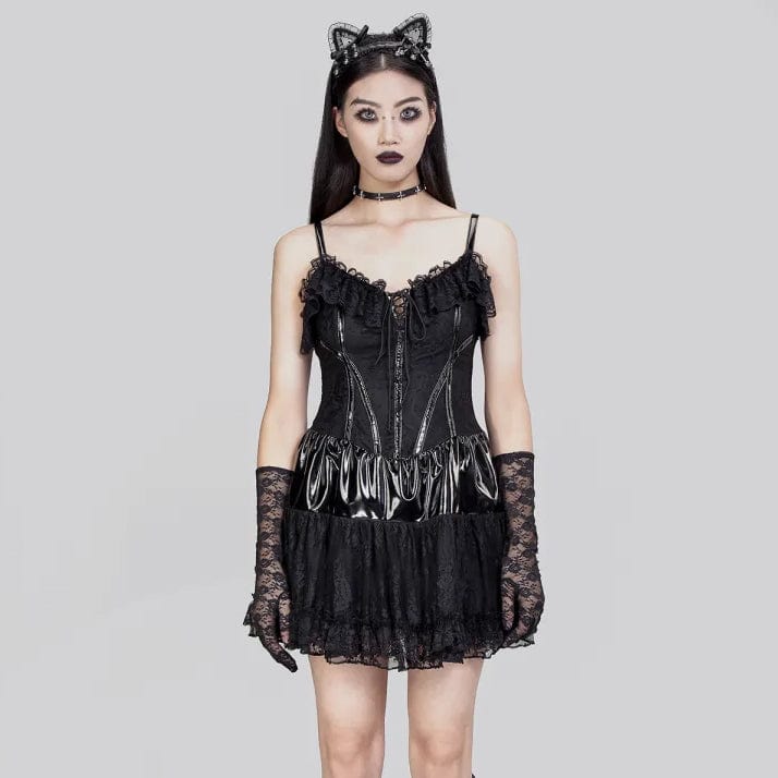 RNG Women's Gothic Ruffled Lace Splice Patent Leather Slip Dress