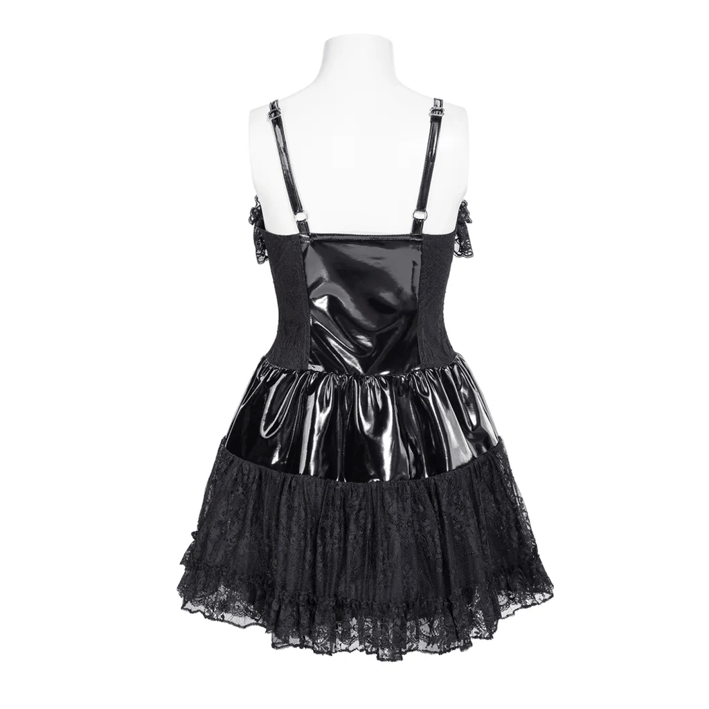 RNG Women's Gothic Ruffled Lace Splice Patent Leather Slip Dress