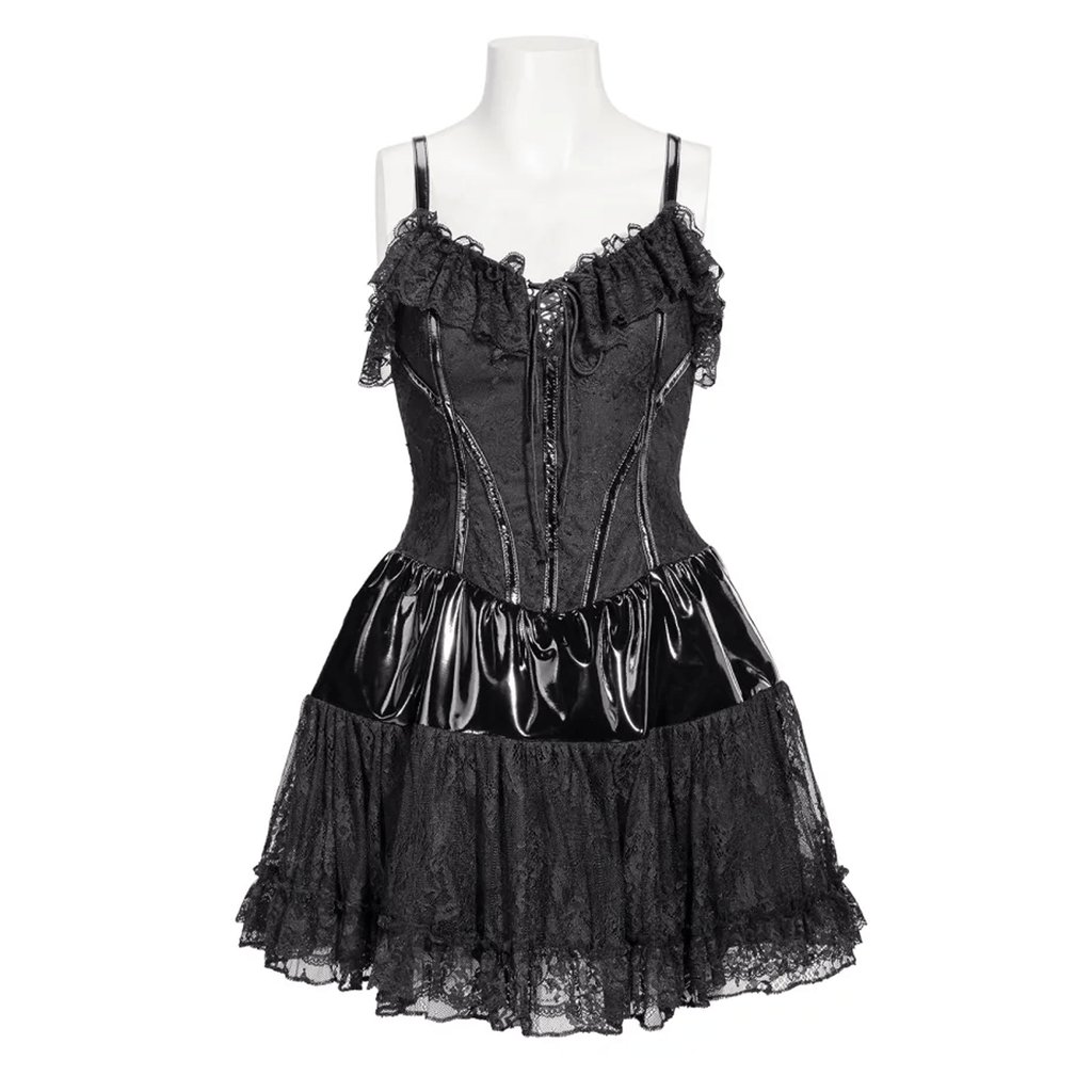 RNG Women's Gothic Ruffled Lace Splice Patent Leather Slip Dress