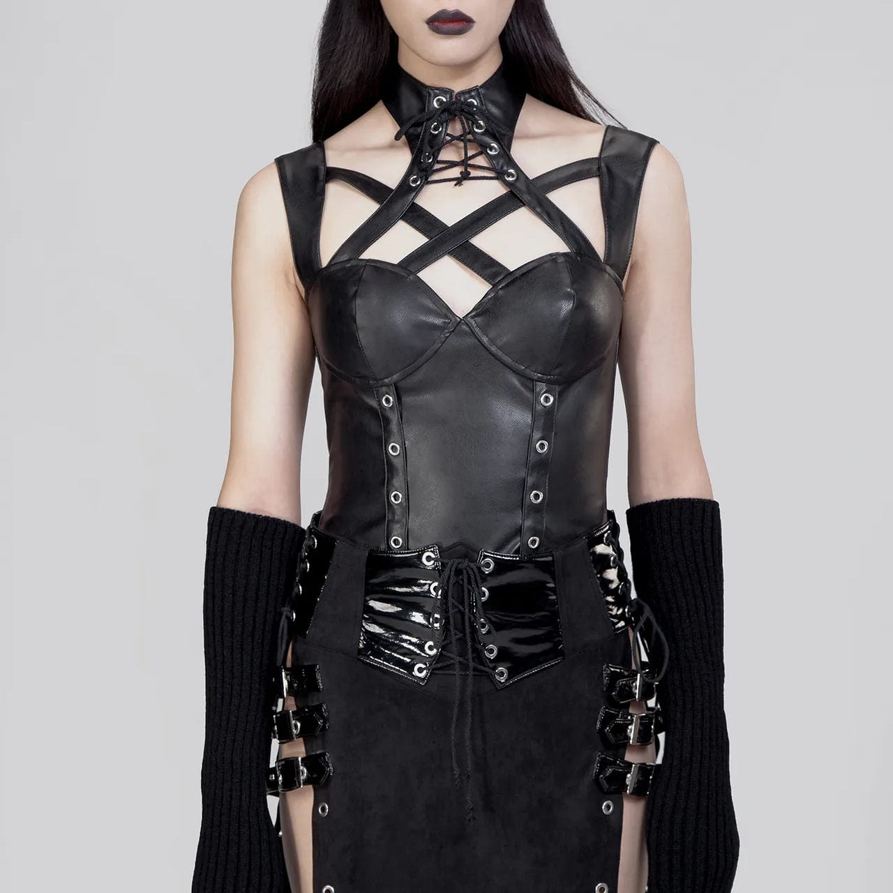 Women's Gothic Stand Collar Cutout Faux Leather Vest – Punk Design