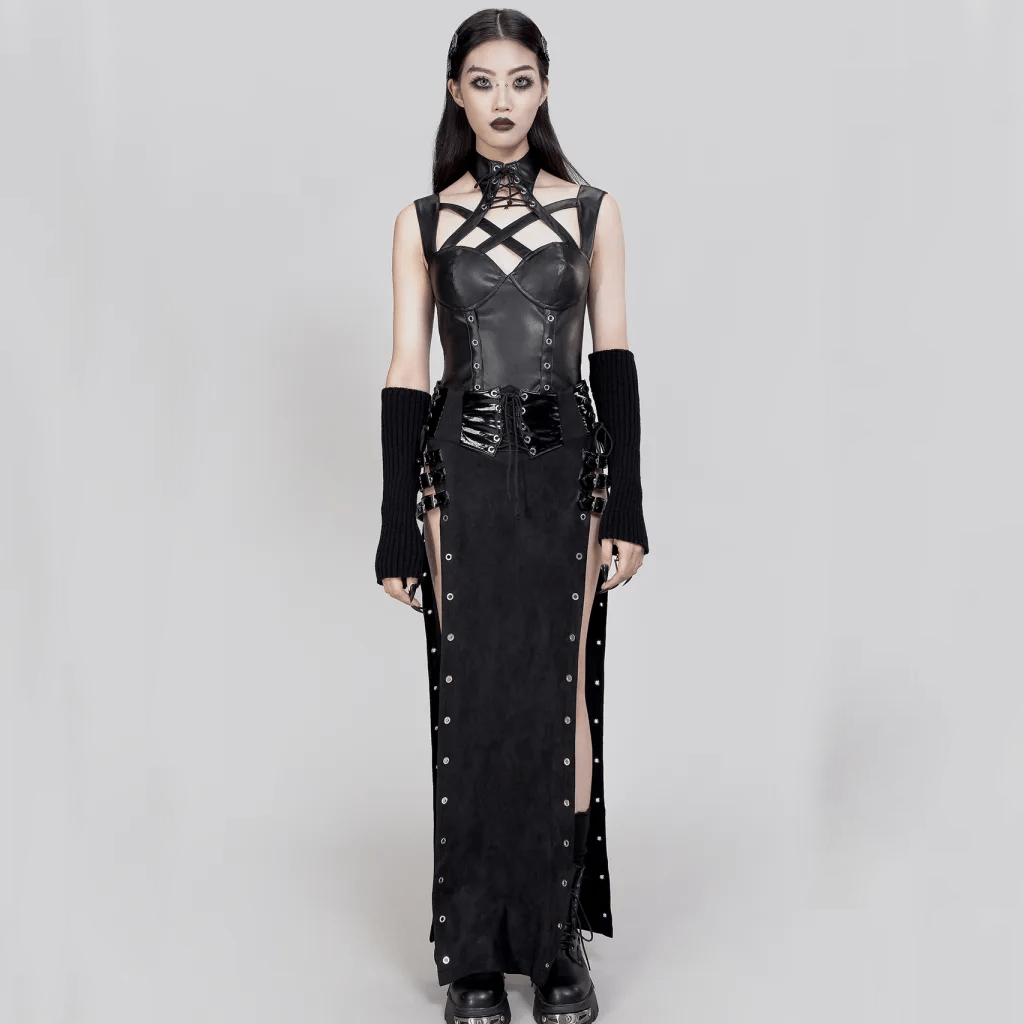 RNG Women's Gothic Stand Collar Cutout Faux Leather Vest