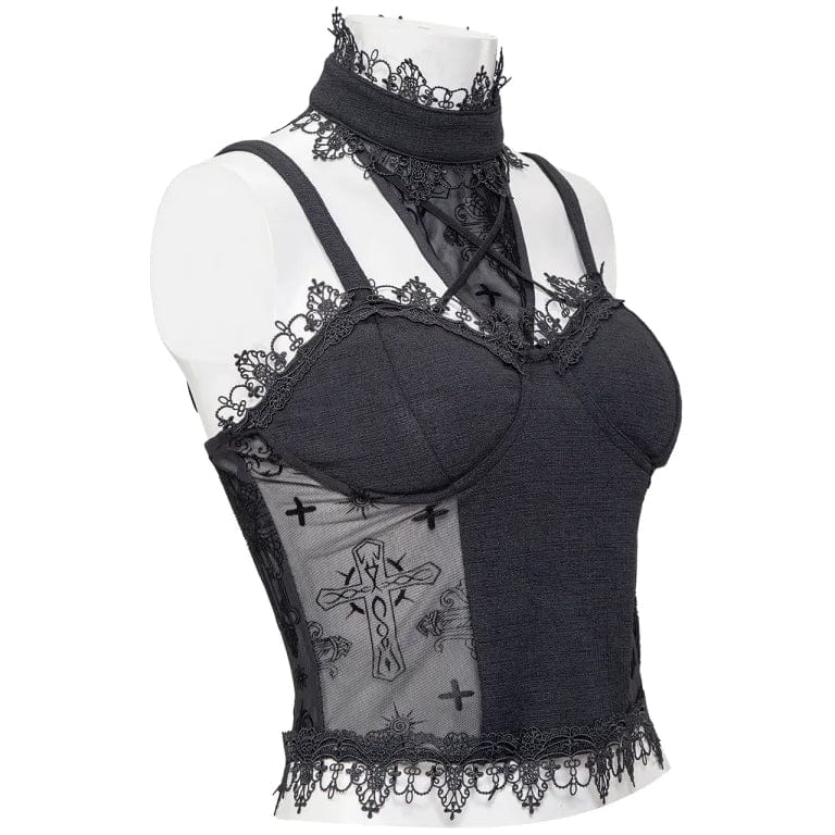 RNG Women's Gothic Stand Collar Mesh Splice Tank Top