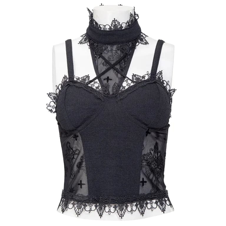 RNG Women's Gothic Stand Collar Mesh Splice Tank Top