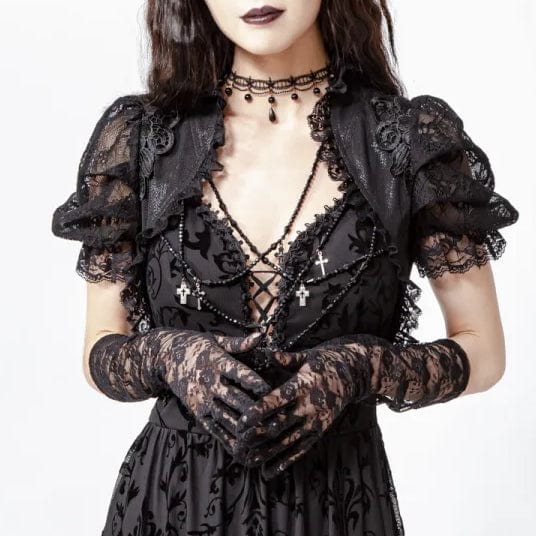 RNG Women's Gothic Stand Collar Puff Sleeved Lace Cape Black