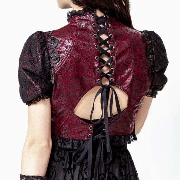 RNG Women's Gothic Stand Collar Puff Sleeved Lace Cape Red