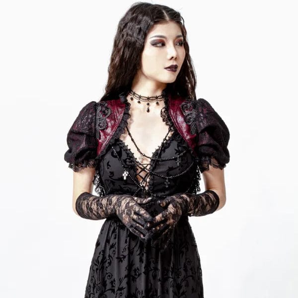 RNG Women's Gothic Stand Collar Puff Sleeved Lace Cape Red