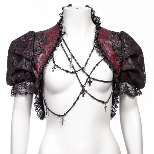 RNG Women's Gothic Stand Collar Puff Sleeved Lace Cape Red