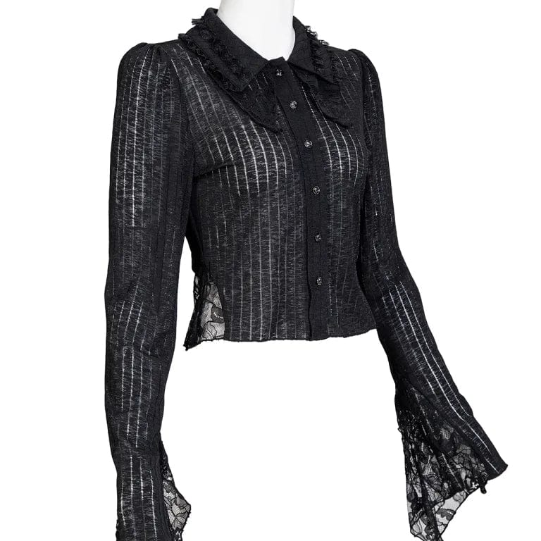 RNG Women's Gothic Turn-down Collar Lace Splice Shirt