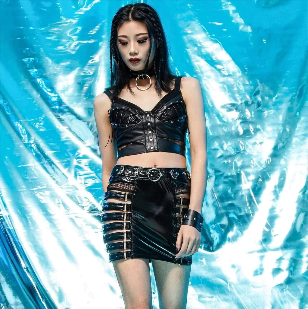 RNG Women's Grunge Cutout Patent Leather Skirt