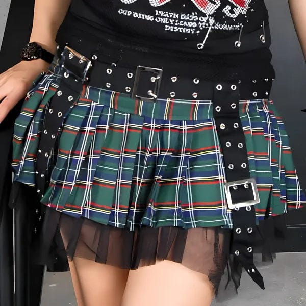 RNG Women's Grunge Eyelet Buckled Plaid Pleated Skirt Green