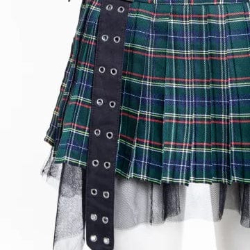 RNG Women's Grunge Eyelet Buckled Plaid Pleated Skirt Green