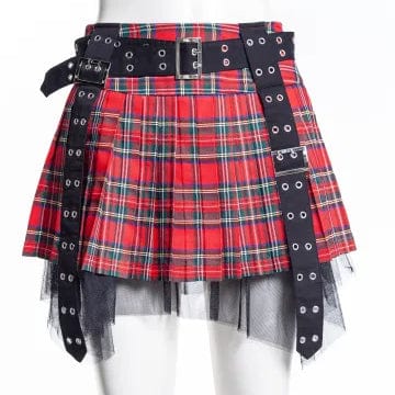 RNG Women's Grunge Eyelet Buckled Plaid Pleated Skirt Red