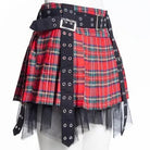 RNG Women's Grunge Eyelet Buckled Plaid Pleated Skirt Red