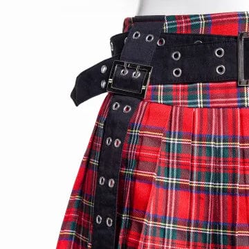 RNG Women's Grunge Eyelet Buckled Plaid Pleated Skirt Red