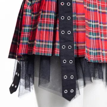 RNG Women's Grunge Eyelet Buckled Plaid Pleated Skirt Red