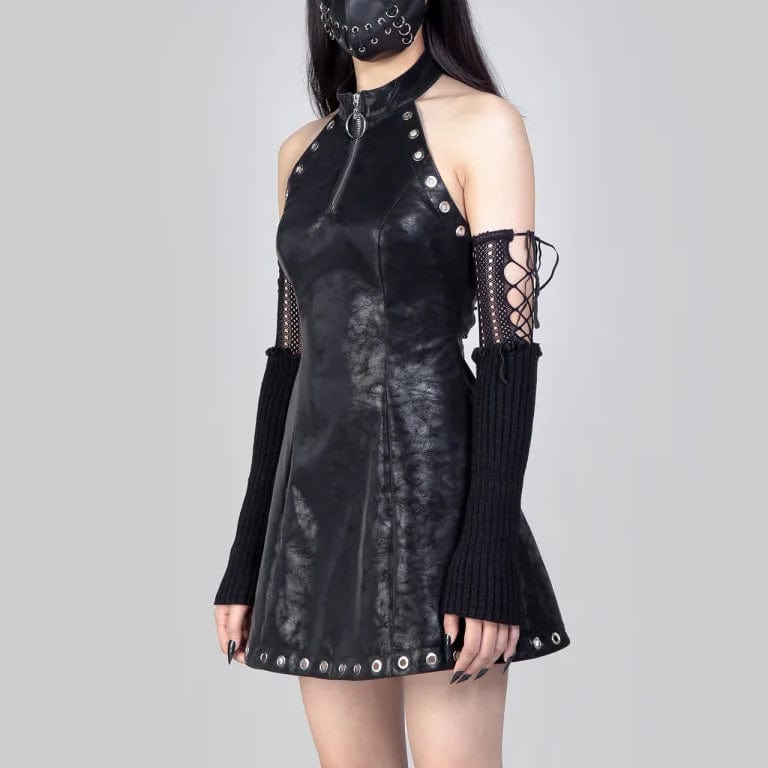 RNG Women's Punk Eyelet Faux Leather Halterneck Dress