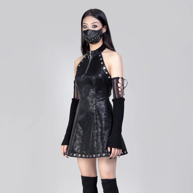 RNG Women's Punk Eyelet Faux Leather Halterneck Dress