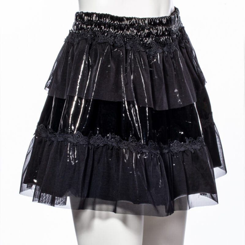 RNG Women's Punk Floral Embroidered Mesh Splice Patent Leather Skirt